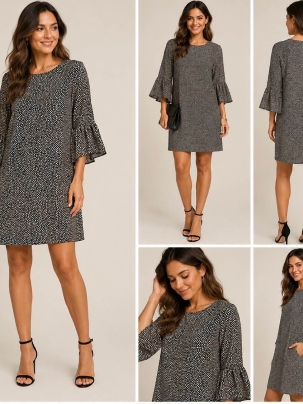 LaRoque Original 100% Silk Black & Ivory Polka Dot Shift Dress Bell Sleeve L